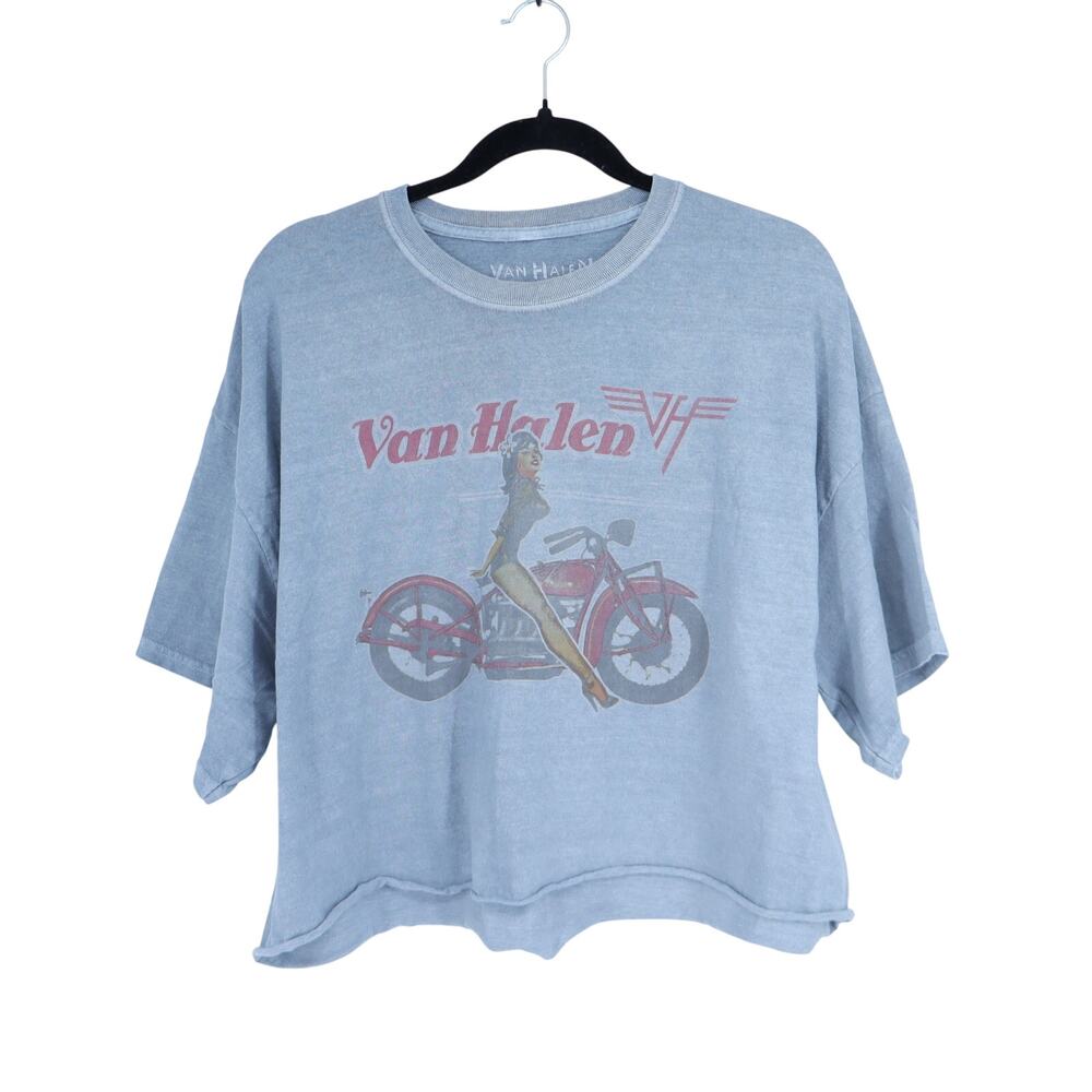 VAN HALEN Pinup Motorcycle T-Shirt Gray Oversized Crop Short Sleeve Women's S/M